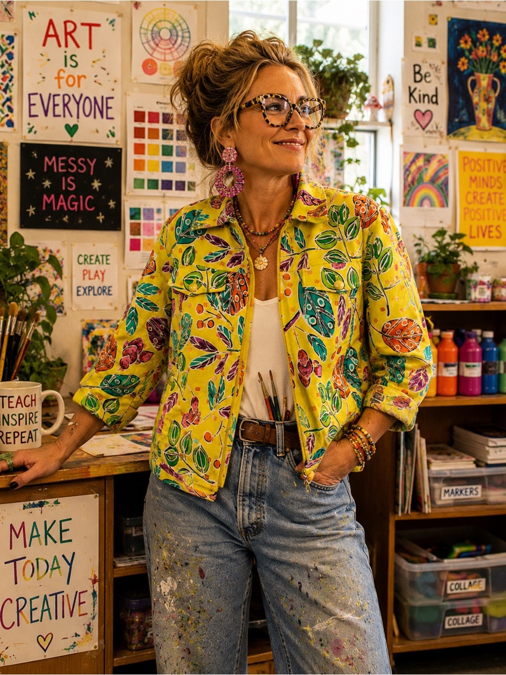 Vintage REDD Yellow Floral Leaf Print Jacket Psychedelic Zip Front Retro Boho